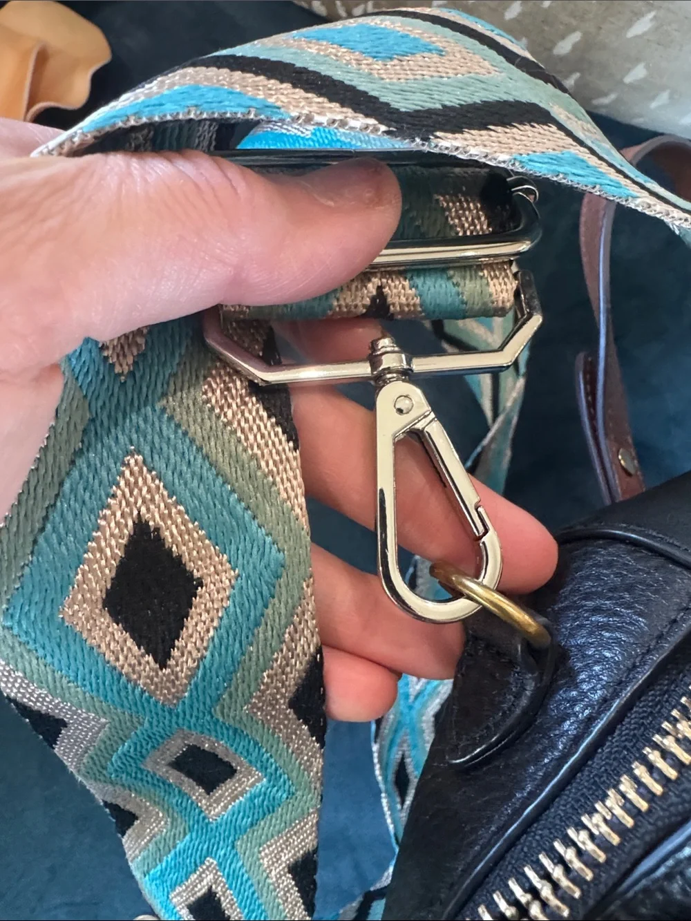Black Leather Satchel with Detachable Patterned Strap